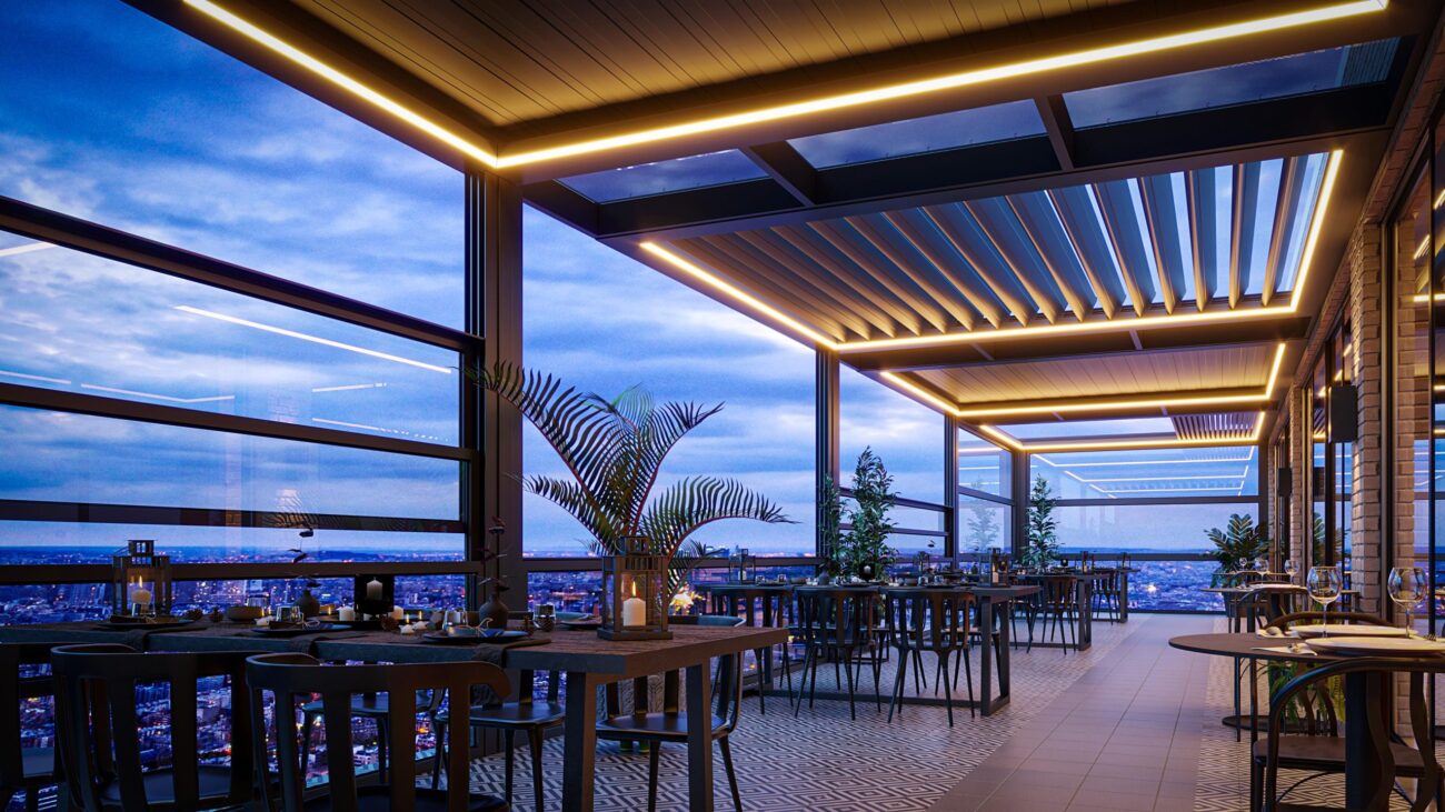 Camlı pergola sistemli modern bahçe oturma alanı – dış mekan yaşam alanı tasarımı rolling roof sistem