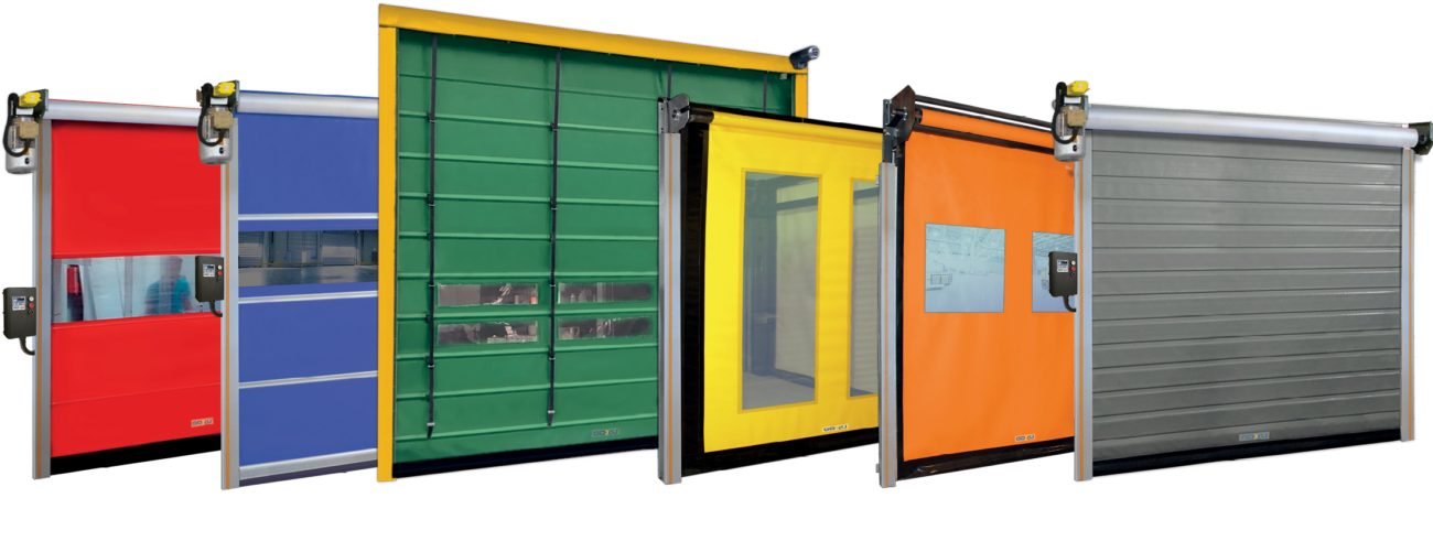 Endüstriyel alanlar için tasarlanmış hızlı açılır PVC kapı, renkli ve camlı branda detaylı